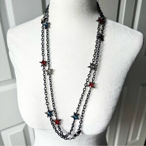 Long chain link American flag star jewel necklace